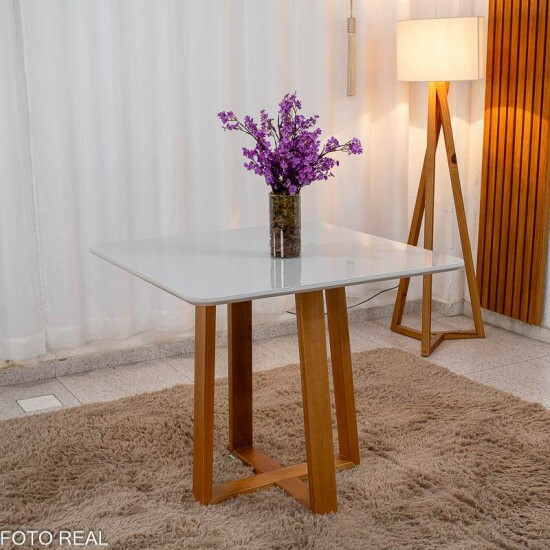 Mesa de Jantar Pedro 90x90 Vidro Off/Base Madeira + 4 Cad. Lisboa Veludo Azul 503 Madeira Art Assento - Entregue Montada