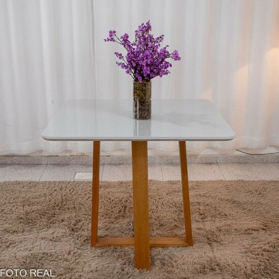 Mesa de Jantar Pedro 90x90 Vidro Off/Base Madeira + 4 Cad. Lisboa Veludo Azul 503 Madeira Art Assento - Entregue Montada