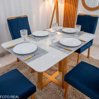 Mesa de Jantar Pedro 120x80 Vidro Off/Base Madeira + 4 Cad. Lisboa Veludo Azul 503 Madeira Art Assento - Entregue Montada