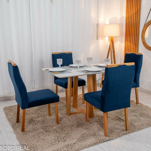 Mesa de Jantar Pedro 120x80 Vidro Off/Base Madeira + 4 Cad. Lisboa Veludo Azul 503 Madeira Art Assento - Entregue Montada