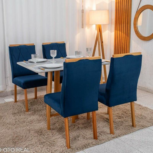 Mesa de Jantar Pedro 120x80 Vidro Off/Base Madeira + 4 Cad. Lisboa Veludo Azul 503 Madeira Art Assento - Entregue Montada