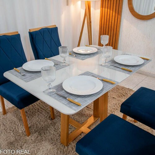 Mesa de Jantar Pedro 120x80 Vidro Off/Base Madeira + 4 Cad. Lisboa Veludo Azul 503 Madeira Art Assento - Entregue Montada