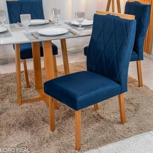 Mesa de Jantar Pedro 120x80 Vidro Off/Base Madeira + 4 Cad. Lisboa Veludo Azul 503 Madeira Art Assento - Entregue Montada
