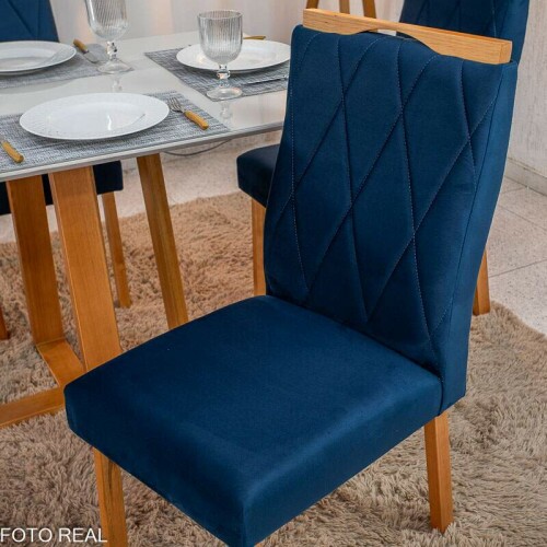 Mesa de Jantar Pedro 120x80 Vidro Off/Base Madeira + 4 Cad. Lisboa Veludo Azul 503 Madeira Art Assento - Entregue Montada