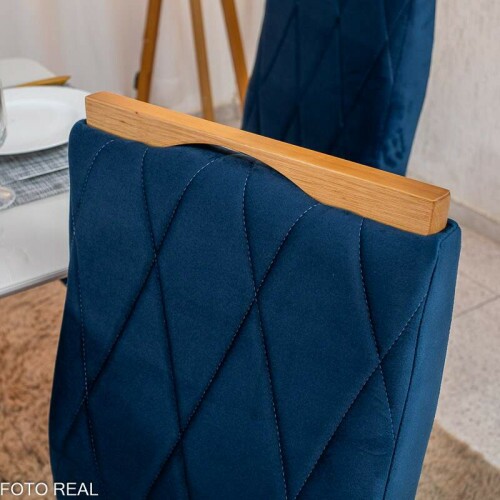 Mesa de Jantar Pedro 120x80 Vidro Off/Base Madeira + 4 Cad. Lisboa Veludo Azul 503 Madeira Art Assento - Entregue Montada