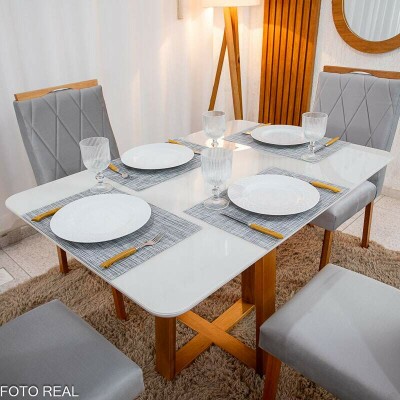 Mesa de Jantar Pedro 120x80 Vidro Off/Base Madeira + 4 Cad. Lisboa Veludo Prata 514 Madeira Art Assento - Entregue Montada