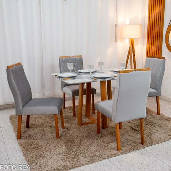 Mesa de Jantar Pedro 120x80 Vidro Off Base Madeira + 4 Cadeiras Lisboa Veludo Prata 514 Art Assento - Entregue Montada