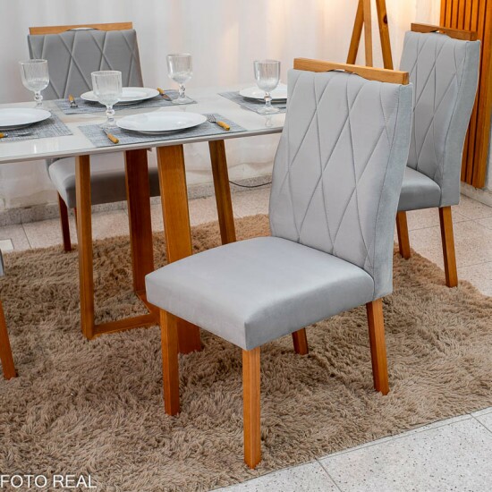 Mesa de Jantar Pedro 120x80 Vidro Off Base Madeira + 4 Cadeiras Lisboa Veludo Prata 514 Art Assento - Entregue Montada