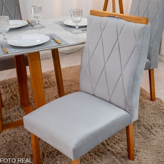 Mesa de Jantar Pedro 120x80 Vidro Off Base Madeira + 4 Cadeiras Lisboa Veludo Prata 514 Art Assento - Entregue Montada