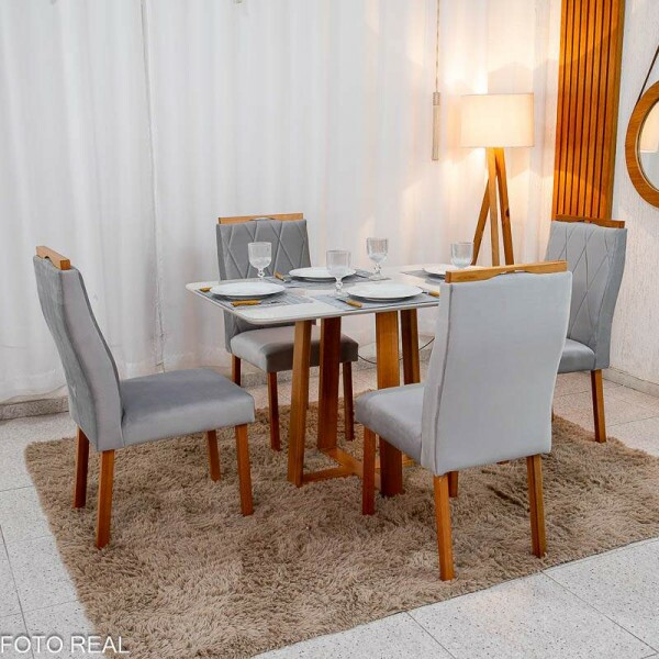 Mesa de Jantar Pedro 120x80 Vidro Off/Base Madeira + 4 Cad. Lisboa Veludo Prata 514 Madeira Art Assento - Entregue Montada