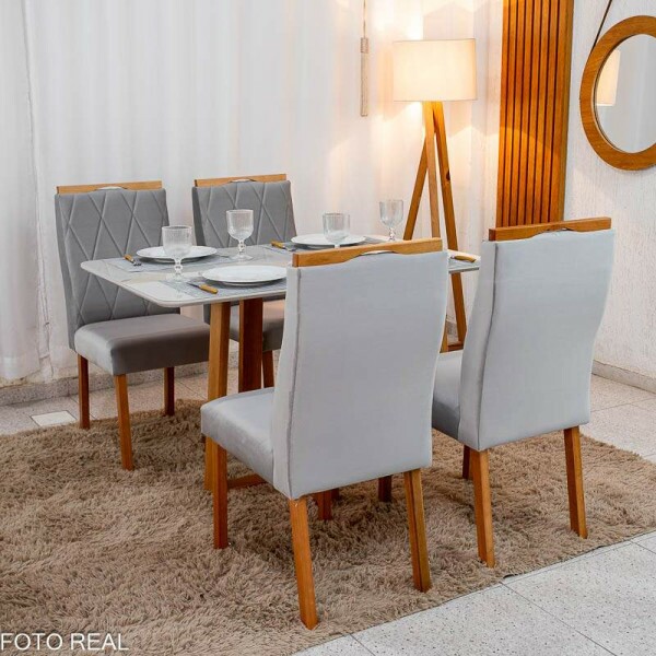 Mesa de Jantar Pedro 120x80 Vidro Off/Base Madeira + 4 Cad. Lisboa Veludo Prata 514 Madeira Art Assento - Entregue Montada