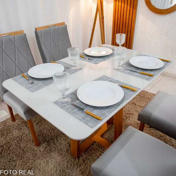 Mesa de Jantar Pedro 120x80 Vidro Off/Base Madeira + 4 Cad. Lisboa Veludo Prata 514 Madeira Art Assento - Entregue Montada