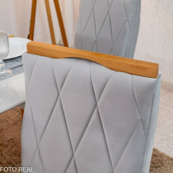 Mesa de Jantar Pedro 120x80 Vidro Off/Base Madeira + 4 Cad. Lisboa Veludo Prata 514 Madeira Art Assento - Entregue Montada