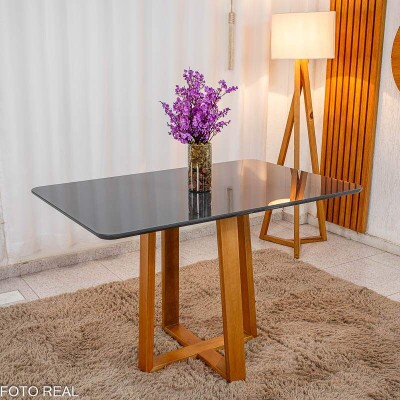 Mesa de Jantar Pedro 120x80 Vidro Grafite/Base Madeira Art Assento - Entregue Montada