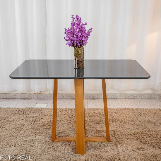 Mesa de Jantar Pedro 120x80 Vidro Grafite/Base Madeira Art Assento - Entregue Montada