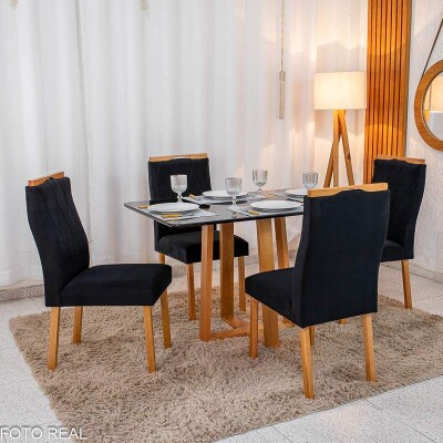 Mesa de Jantar Pedro 12080 Vidro Preto/Base madeira + 4 Cad. Lisboa Veludo Preto 504 Madeira Art Assento - Entregue Montada