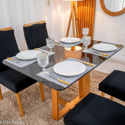 Mesa de Jantar Pedro 12080 Vidro Preto/Base madeira + 4 Cad. Lisboa Veludo Preto 504 Madeira Art Assento - Entregue Montada