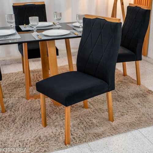 Mesa de Jantar Pedro 12080 Vidro Preto/Base madeira + 4 Cad. Lisboa Veludo Preto 504 Madeira Art Assento - Entregue Montada