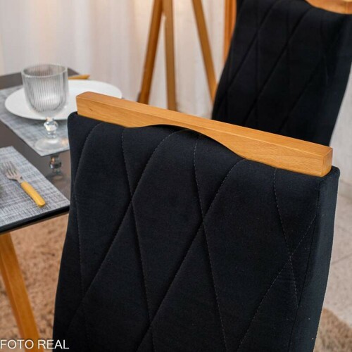 Mesa de Jantar Pedro 12080 Vidro Preto/Base madeira + 4 Cad. Lisboa Veludo Preto 504 Madeira Art Assento - Entregue Montada