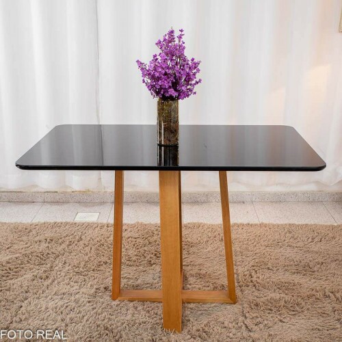 Mesa de Jantar Pedro 12080 Vidro Preto/Base madeira + 4 Cad. Lisboa Veludo Preto 504 Madeira Art Assento - Entregue Montada