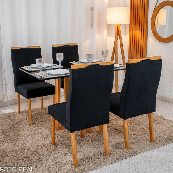 Mesa de Jantar Pedro 120x80 Vidro Preto Base Madeira + 4 Cadeiras Lisboa Veludo Preto 504 Art Assento - Entregue Montada