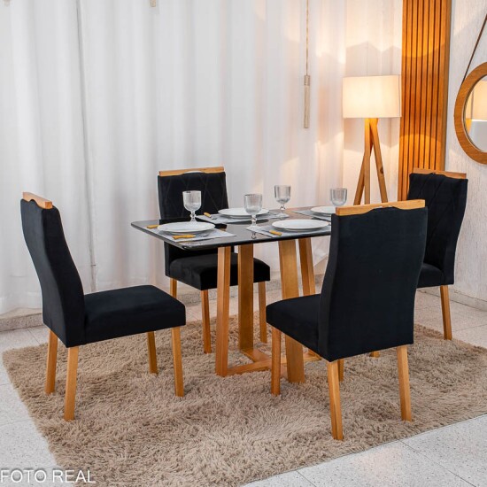Mesa de Jantar Pedro 120x80 Vidro Preto Base Madeira + 4 Cadeiras Lisboa Veludo Preto 504 Art Assento - Entregue Montada