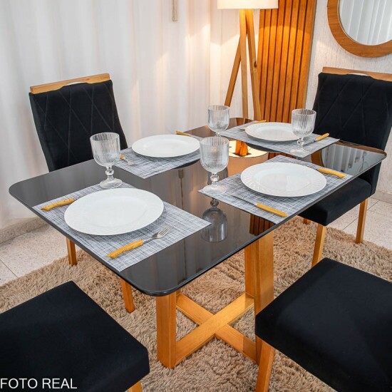 Mesa de Jantar Pedro 120x80 Vidro Preto Base Madeira + 4 Cadeiras Lisboa Veludo Preto 504 Art Assento - Entregue Montada