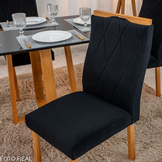 Mesa de Jantar Pedro 120x80 Vidro Preto Base Madeira + 4 Cadeiras Lisboa Veludo Preto 504 Art Assento - Entregue Montada