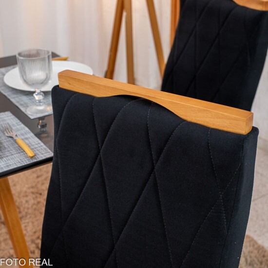 Mesa de Jantar Pedro 120x80 Vidro Preto Base Madeira + 4 Cadeiras Lisboa Veludo Preto 504 Art Assento - Entregue Montada