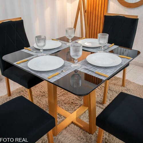 Mesa de Jantar Pedro 90x90 Vidro Preto/Base Madeira + 4 Cad. Lisboa Veludo Preto 504 Madeira Art Assento - Entregue Montada