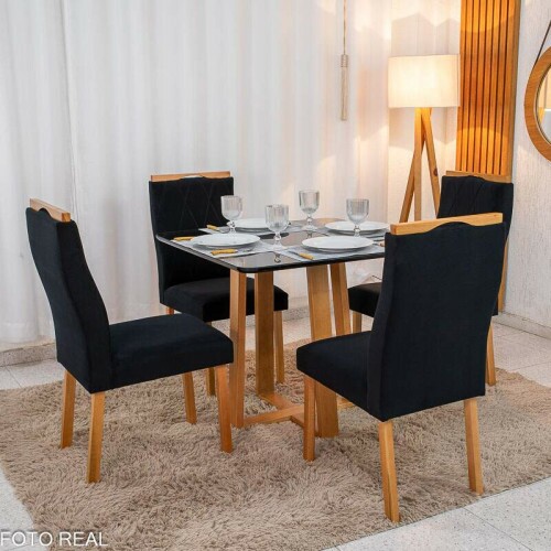 Mesa de Jantar Pedro 90x90 Vidro Preto/Base Madeira + 4 Cad. Lisboa Veludo Preto 504 Madeira Art Assento - Entregue Montada