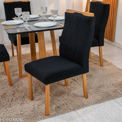 Mesa de Jantar Pedro 90x90 Vidro Preto/Base Madeira + 4 Cad. Lisboa Veludo Preto 504 Madeira Art Assento - Entregue Montada