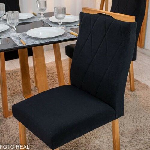Mesa de Jantar Pedro 90x90 Vidro Preto/Base Madeira + 4 Cad. Lisboa Veludo Preto 504 Madeira Art Assento - Entregue Montada