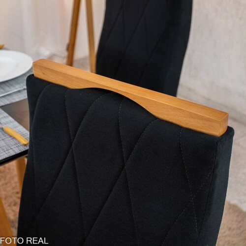 Mesa de Jantar Pedro 90x90 Vidro Preto/Base Madeira + 4 Cad. Lisboa Veludo Preto 504 Madeira Art Assento - Entregue Montada