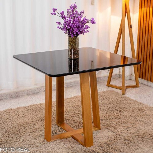Mesa de Jantar Pedro 90x90 Vidro Preto/Base Madeira + 4 Cad. Lisboa Veludo Preto 504 Madeira Art Assento - Entregue Montada