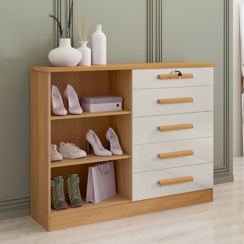 Cômoda New Athos Cinamomo/Off 5 Gavetas e Sapateira Larg. 1.36m