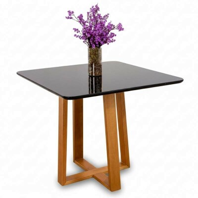 Mesa Pedro 90x90 Vidro Preto/Base Madeira Art Assento - Entregue Montada