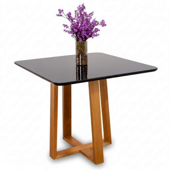Mesa Pedro 90x90 Vidro Preto/Base Madeira Art Assento - Entregue Montada