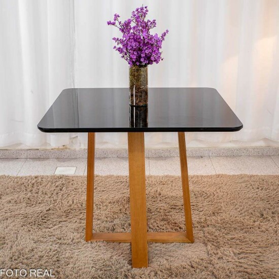 Mesa Pedro 90x90 Vidro Preto/Base Madeira Art Assento - Entregue Montada