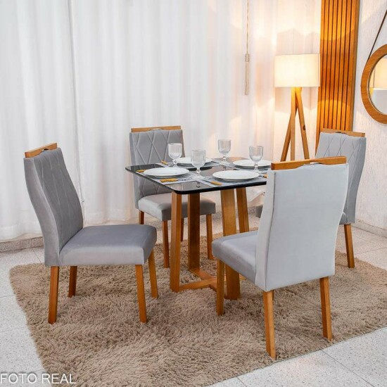 Mesa de Jantar Pedro 90x90 Vidro Preto Base Madeira + 4 Cadeiras Lisboa Veludo Prata 514 Art Assento - Entregue Montada