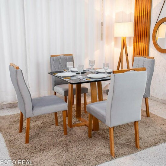 Mesa de Jantar Pedro 90x90 Vidro Preto Base Madeira + 4 Cadeiras Lisboa Veludo Prata 514 Art Assento - Entregue Montada
