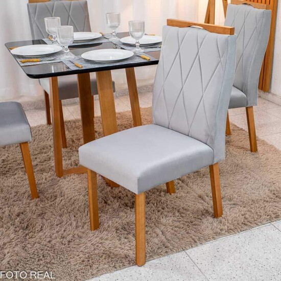 Mesa de Jantar Pedro 90x90 Vidro Preto Base Madeira + 4 Cadeiras Lisboa Veludo Prata 514 Art Assento - Entregue Montada