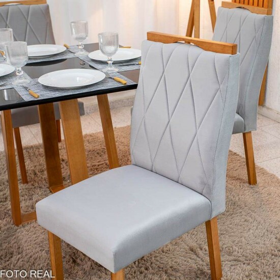 Mesa de Jantar Pedro 90x90 Vidro Preto Base Madeira + 4 Cadeiras Lisboa Veludo Prata 514 Art Assento - Entregue Montada