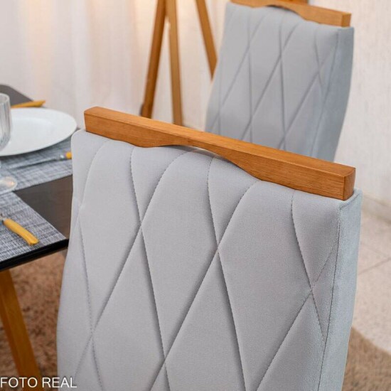 Mesa de Jantar Pedro 90x90 Vidro Preto Base Madeira + 4 Cadeiras Lisboa Veludo Prata 514 Art Assento - Entregue Montada