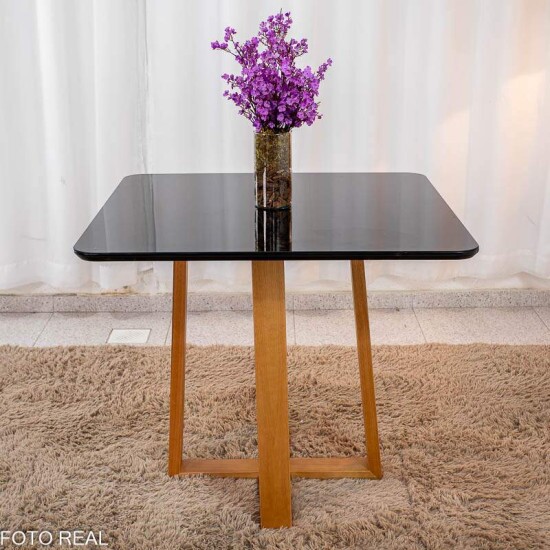 Mesa de Jantar Pedro 90x90 Vidro Preto Base Madeira + 4 Cadeiras Lisboa Veludo Prata 514 Art Assento - Entregue Montada
