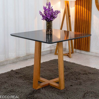 Mesa Pedro 90x90 Vidro Grafite/Base Madeira Art Assento - Entregue Montada