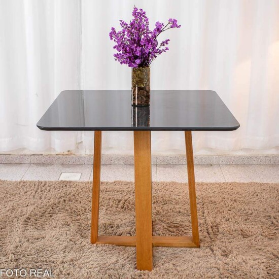 Mesa Pedro 90x90 Vidro Grafite/Base Madeira Art Assento - Entregue Montada