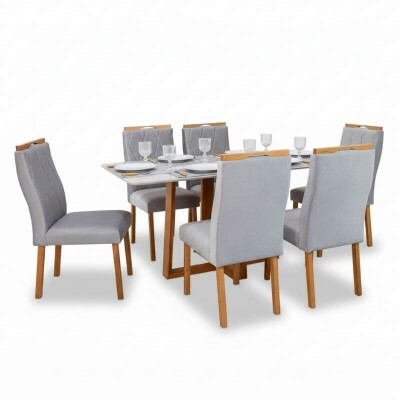 Mesa de Jantar Pedro 16080 Vidro Off/Base Madeira + 6 Cad. Lisboa Veludo Prata 514 Madeira Art Assento - Entregue Montada