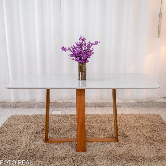 Mesa de Jantar Pedro 160x80 Vidro Off Base Madeira + 6 Cadeiras Lisboa Veludo Prata 514 Art Assento - Entregue Montada