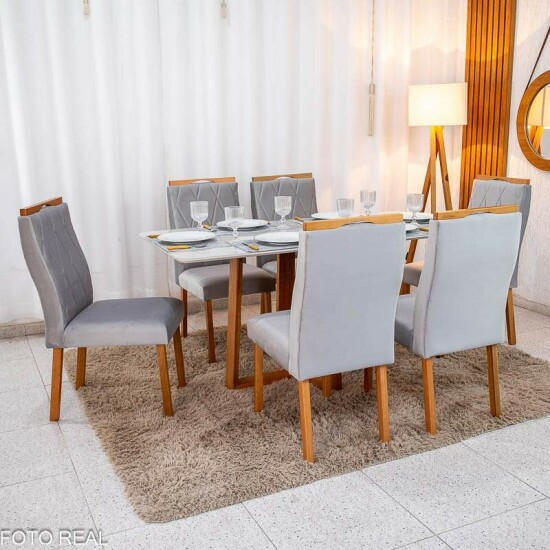 Mesa de Jantar Pedro 160x80 Vidro Off Base Madeira + 6 Cadeiras Lisboa Veludo Prata 514 Art Assento - Entregue Montada